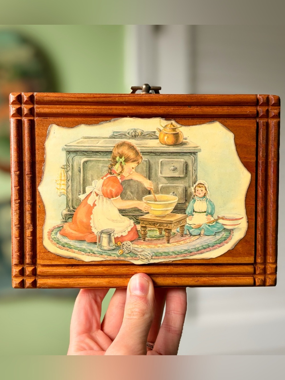 Vintage 1970s Wooden Plaque with Illustration of Girl Baking with Doll